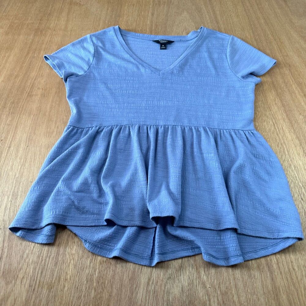 Simply Vera Vera Wang Blue Peplum Top Medium V Neck Stretch